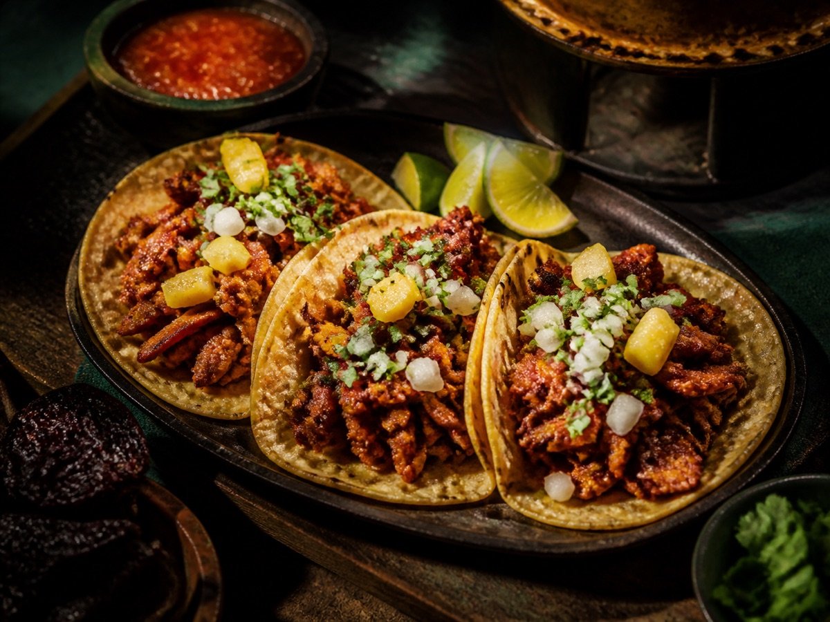 Présentation de trois tacos al pastor avec ananas, oignon et coriandre