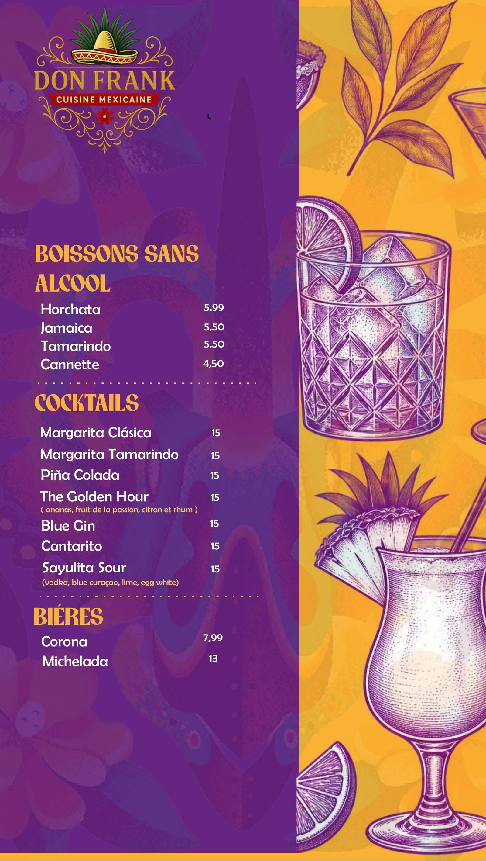 Menu Don Frank, boissons et cocktails, page 2