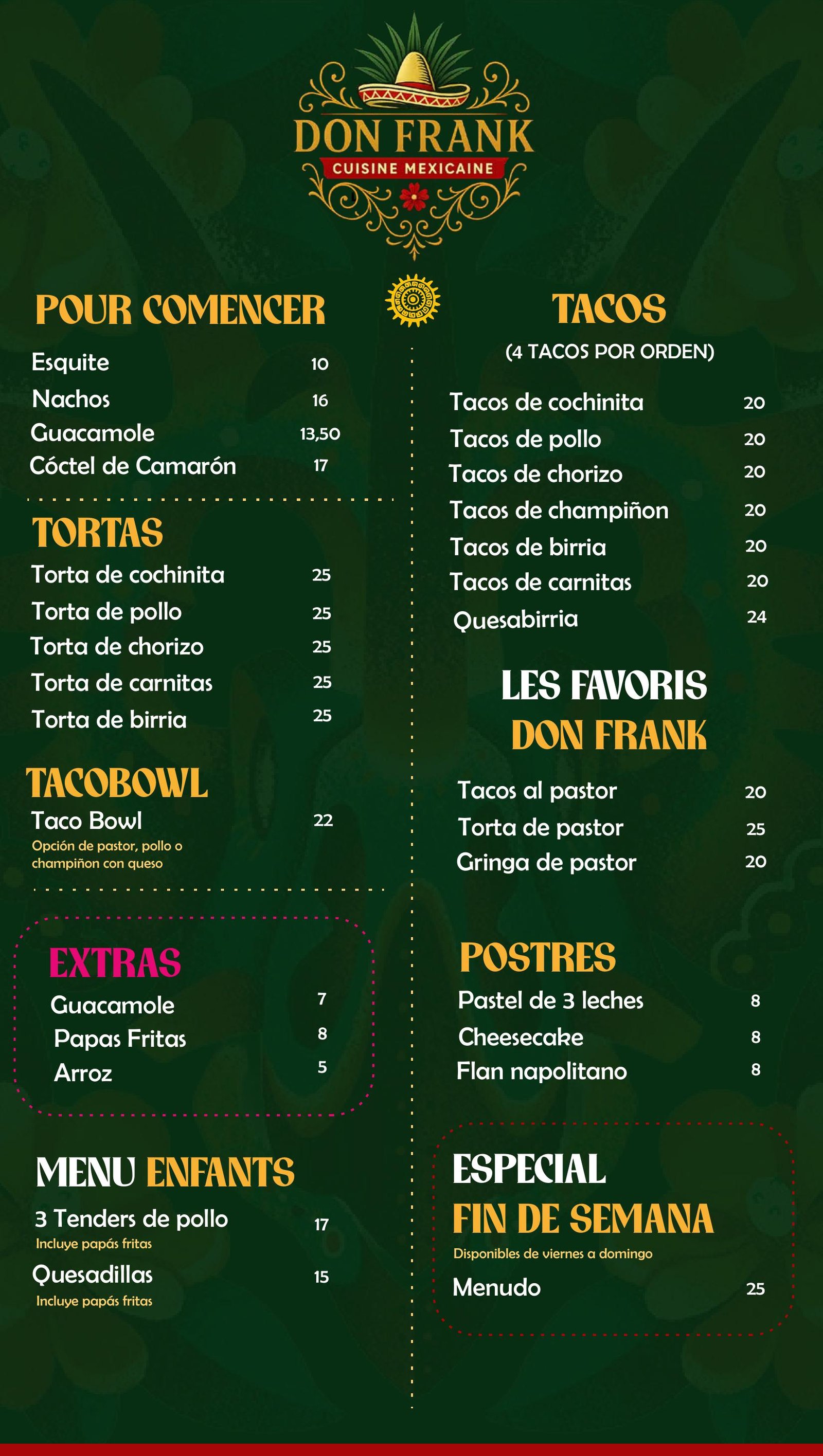 Menu Don Frank, plats et prix, page 1